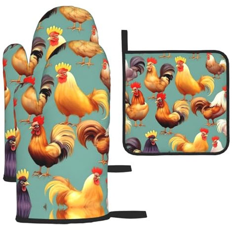 Lot de 3 maniques et maniques en forme de coq - Résistants à la chaleur - Pour la cuisine et le barbecue