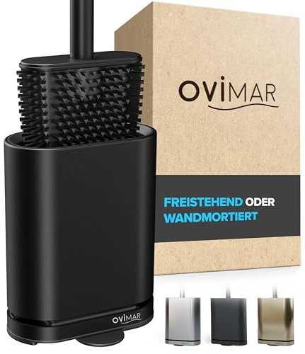 ovimar Toilettenbürste Abeloya | schwarz | Silikon Klobürste | WC Bürste mit Belüftung | Edelstahl | abnehmbare Tropfschale | nur 6cm breit | optionale Wandbefestigung im Badezimmer