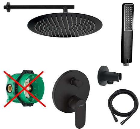 vanvilla Duschsystem Unterputz mit Duscharmatur Hansgrohe schwarz HGS10-ob | Duscharmatur von Hansgrohe Vernis Blend Einhebelmischer und vanvilla Regendusche Duschkopf rund, Dusch-SET schwarz matt