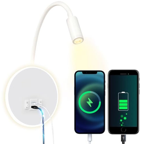 uksunvi LED Lampada da parete Comodino Lampada da parete da lettura 12W LED Lampade da parete Faretto regolabile 3W + 9W 3000K Luce calda (Caricamento USB bianco)