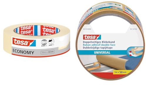 tesa Malerband ECONOMY - Vielseitiges Klebeband & Doppelseitiges Klebeband Universal - Vielseitiges Klebeband für Verpackungen, Deko und Teppiche oder zum Basteln - 5 m x 50 mm