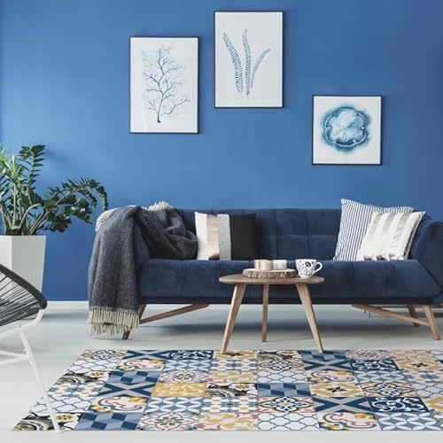 STOR PLANET Alfombra vinílica Estampada ARTDECO, Alfombra Cocina, Pasillo. Alfombras de Habitación Antideslizantes y Modernas Alfombra Fina, Efecto Suelo de Diseño | Patch Azul 120x180cm