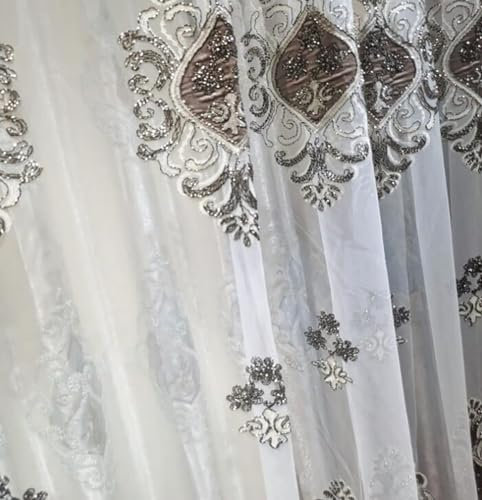 Bishilin Vorhänge mit Haken für Schiene Weiß, Gardinen Lichtdurchlässig Weiß Stickerei Blumen Motiv 102x160CM Vorhänge Halbtransparent Wohnzimmer Schlafzimmer Kinderzimmer