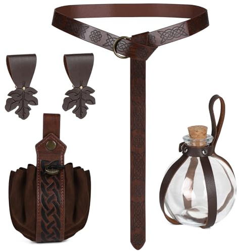 SWAWIS Halloween Nekromanten Anzug, Mittelalter Kleidung | mit Mittelalter Gürtel und GüRteltasche, PU-Leder Wikinger Mittelalter Accessoires Set für Cosplay Halloween Zauberer Hexe