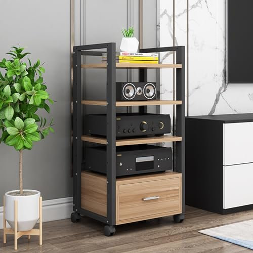 SGKOMN 4-Tier Movable Audio Tower AV Media Stand CD Player Stand Stereo Component Storage Cabinet and Open Media Center with Height Adjustable Wooden Shelf a(B-60X40X100CM)