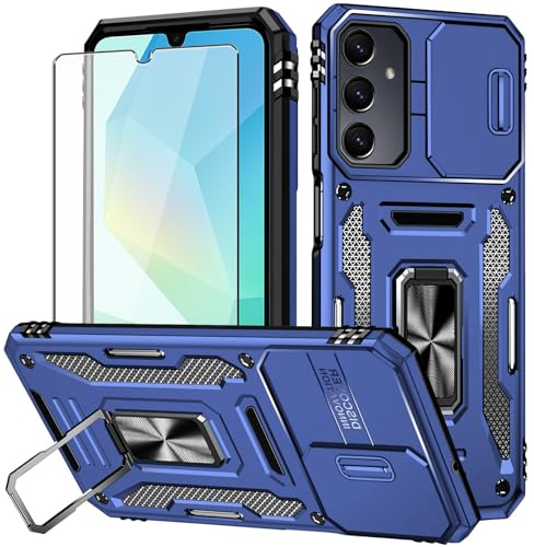 Aozuoton for Samsung Galaxy A16 Phone Case with Screen Protector and with Camera Cover, 360°Military Grade Rotatable Kickstand (Heavy Duty) Shockproof Protective, Case for Samsung A16 5G Navy Blue