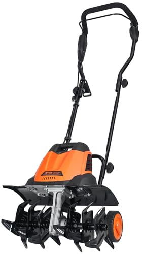 VEVOR 12 Amp Electric Tiller, 18 Tilling Width & 3.94 Tilling Depth, Corded Electric Cultivator with Adjustable Wheels, Steel Mn Tines, Rototiller for Garden Lawn Easy Soil Digging Cultivation