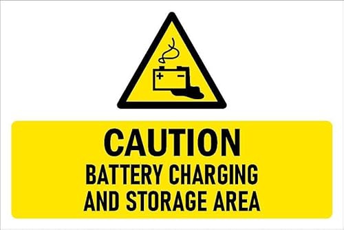 Caution, Battery charging and storage area, safety sign - Self adhesive sticker (400mm x 300mm)
