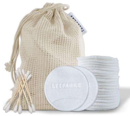 LTTFARKE 20-Pack 3-Layer Bamboo Fibre Finger Pocket Design Reusable Makeup Remover Pads | Eco-Friendly Ultra-Soft Travel-Friendly Cleansing Pads | with Double Drawstring Mesh Bag & Bonus Cotton Swabs