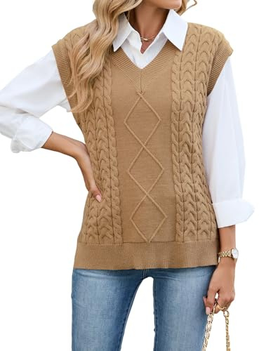 ZAFUL Womens V Neck Sweater Vest Cap Sleeve Oversized Ribbed Cable Knit Casual Loose Tank Top Pullover Khaki