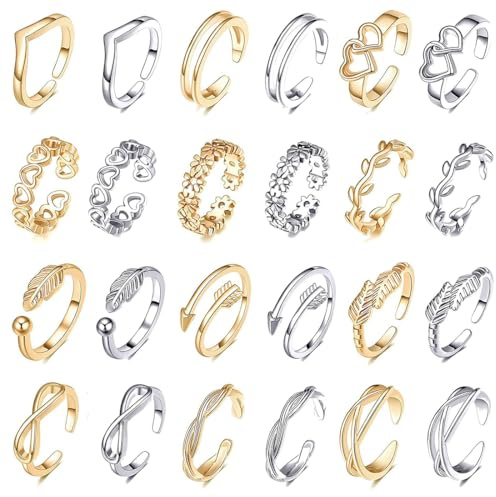 24-teiliges Set mit Zehenringen aus 925er Sterlingsilber für Damen, offene, verstellbare Bänder, zehenring, Fußschmuck für den Sommerstrand für Damen und Mädchen, Schmuckset (Gold und Silber).