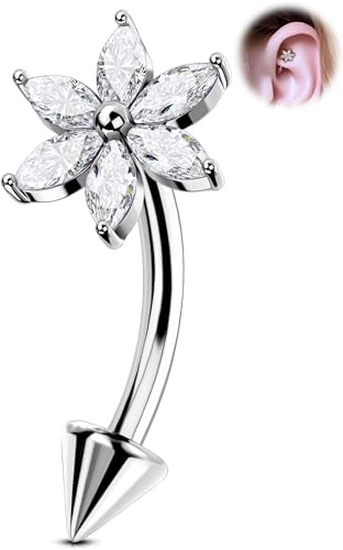 OUFER 16G Barbell Courbé Pendant en Acier Inoxydable 316L Barre de Sourcil Inversée Rook Daith Helix Piercing Bijoux Boucle d'Oreille 8 mm CZ Transparent Conque Anneau Tragus pour Femmes