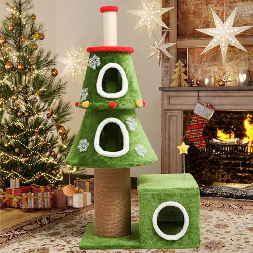 BYBYME 144cm hoher Kratzbaum, Katzenturm in Weihnachtsbaumform, stabiles Katzenmöbel-Set mit Katzenhaus, hängenden Spielzeugen, kratzenden Sisalpfosten, Aktivitätsbäumen（60 * 48 * 144cm）