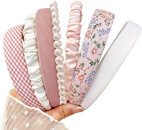 Lot de 7 Serre-tête Bandeaux à Cheveux pour Femmes - Antidérapants et Confortables - Serre-tête Rembourré avec Designs Floraux et Perles - Style Rétro/Moderne pour Femmes et Filles (Rose, Free Size)