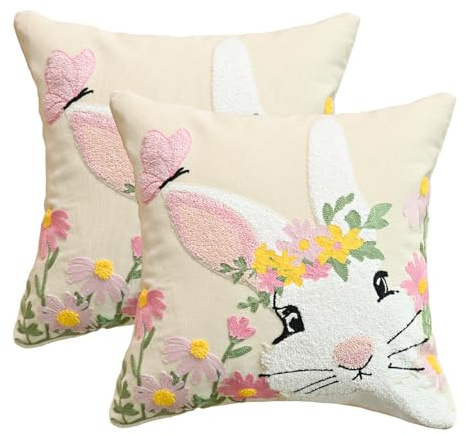 Artoid Mode Juego de 2 fundas de cojín con diseño de conejo, flores, mariposa, Pascua, bordado, 45 x 45 cm, primavera, para sofá, salón, decoración