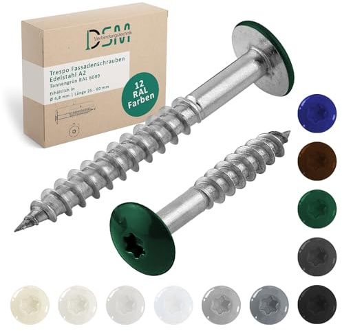 DSM | Trespo fasadskruvar 4,8 x 25 mm | grangrön RAL 6009 | rostfritt stål A2 | platt runt huvud med TX-drive | självgängande och korrosionsbeständiga | träbyggskruvar för HPL-plattor | 25 stycken