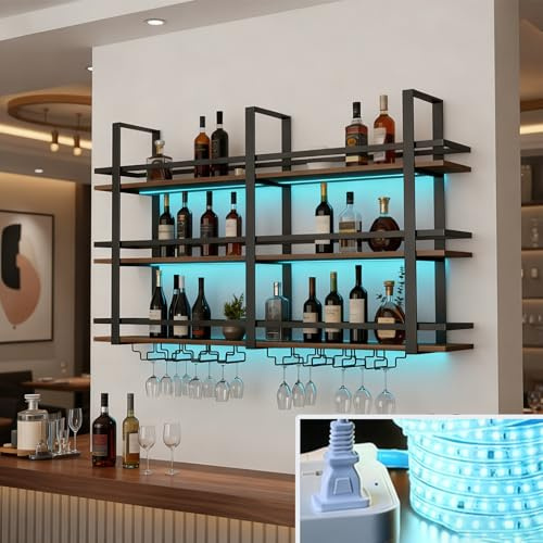 Wall Mounted Wine Rack with LED Light, 3 Tiers Large Wine Glass Rack Wall Mounted, Industrial Metal wall Bar Rack with Glass Holder, Liquor Bottle Display Shelf for Home Bar (black, 100*22*120)