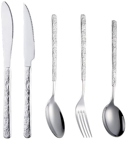 GZKDKZB Silberbesteck-Set, 5/20/30/40/50/60-teilig, Edelstahl 304, Hotelgeschirr, Steakmesser, Gabel, Löffel, Kaffeelöffel, Dessertgabel, Silber – 50-teilig für 10 Personen