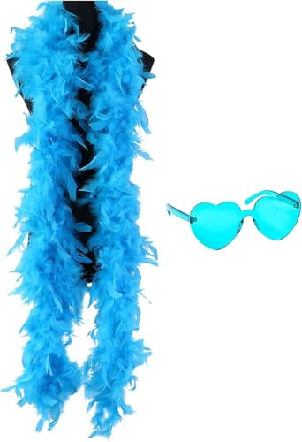 WFKKMEQ Federboa, 2M Federschal Kostüm Zubehör Flauschige Federboa mit Partybrille Feder Boas für Frauen Turkey Feather Boas Dekorieren für Hochzeit,Ankleiden Party, Cosplay,Karneval(Blau)