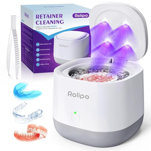 Rolipo Ultraschallreinigungsgerät 45kHz für Zahnschiene Prothesen 320ml Edelstahl Ultraschallbad mit 4 UV-Lichtern Ultrasonic Cleaner für Retainer Mundschutz Schmuck Zahnbürstenkopf Zahnersatz
