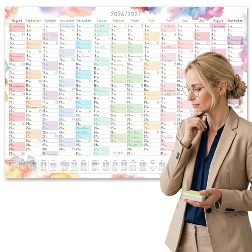 TOBJA Schuljahreskalender A1 2026/2027 Aquarell Splash – 14 Monate Aug 2026–Sep 2027, Ferien/Feiertage DE & AT, 150g, beschreibbar, gefaltet | XL Wandkalender 2026 2027