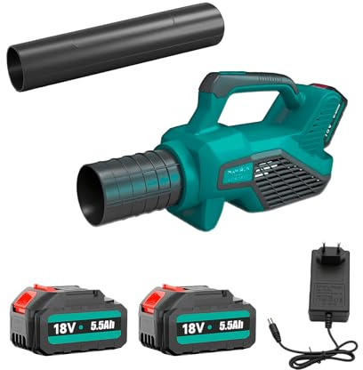 Soplador de hojas de 46 cm con batería de 18 V, 2 baterías de 5,0 Ah y cargador rápido, soplador manual con motor sin escobillas, 530 CFM y 100 MPH, velocidad variable, para hojas, nieve y suciedad