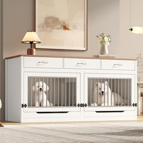 XXL Hundekäfig Für 2 Hunde Mit Klappdeckel, Abnehmbarer Trennwand Und 3 Schubladen | Innen-Hundehütte Weiß-Holzoptik | Holz-Metall-Möbel, 164x60x81 cm