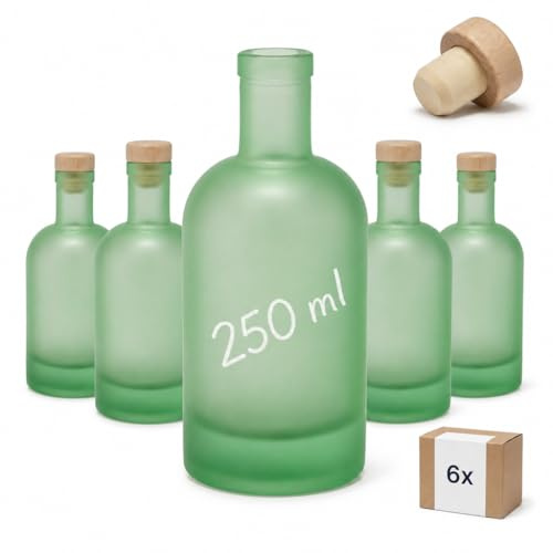 gouveo Set di 6 Bottiglie di Vetro 250 ml Classic Smerigliate Verdi (0,25 l) con Tappi in Sughero con Testa in Legno – Bottiglie Vuote per Liquore, Sciroppo, Olio, Aceto e Decorazione