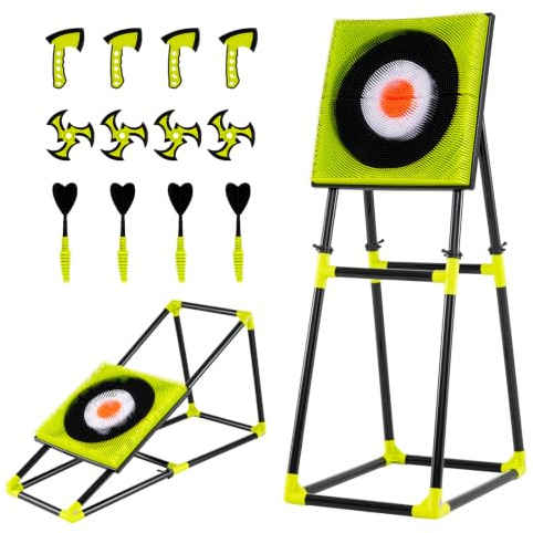 GOPLUS Jeu de Tir à l'arc Enfant 8+ Ans, Ensemble Arc et Flèche Enfant avec Cible à Poils, Haches, Fléchettes, Crochets Pratiques, Jouet Exterieur Interieur pour Garçons Filles
