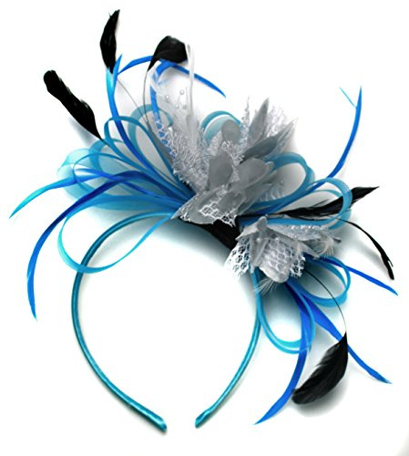 Aqua majsblomma blå och silver nät ring fjäder hår fascinator pannband bröllop kunglig askot races