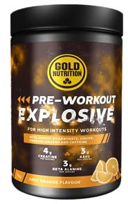 GoldNutrition, Pre-Workout Explosive, Bebída Energética en Polvo con Creatina, AAKG, Beta Alanina, Cafeína y Taurina, Ideal para Entrenamientos Cortos e Intensos, Sabor Naranja, 1 kg