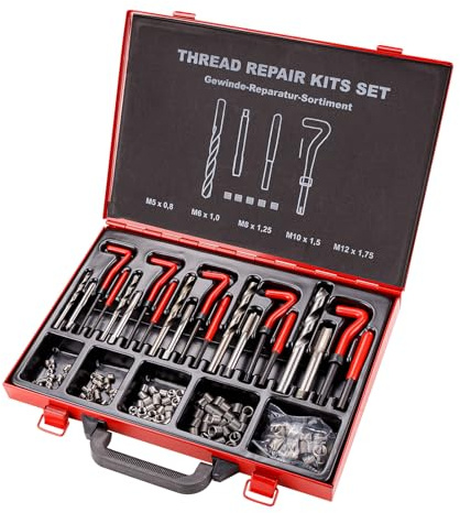 DEMA Gewindereparatursatz 131-tlg. – M5, M6, M8, M10, M12 – Bohrer, Gewindeeinsätze, Hülsen, Reparaturset – robust, langlebig, präzise – für Werkstatt, Auto, Maschinenbau, Heimwerker, Montage