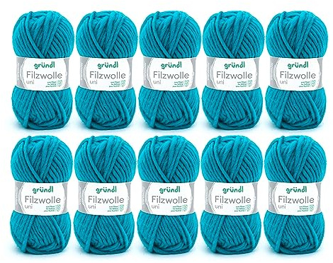 Gründl filtull uni (ull för filning, stickning och virkning, garn tillverkat av 100% ny ull, 50 g/50 m, nåltjocklek: 8 – 9, 10 x 50 g), turkosgrön, 31 x 32 x 7,5 cm