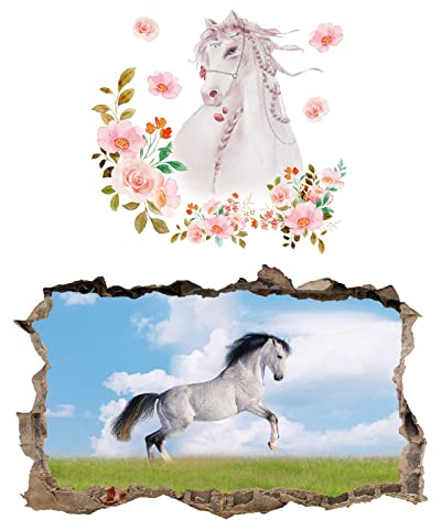 2Pcs Pferd Horse Schwarz Weiss Wandtattoo 3D Effekt XXL Wanddurchbruch Fenster Wandaufkleber für Junge Mädchen Kinderzimmer V04 1000 mm breit x 600 mm tief (groß)