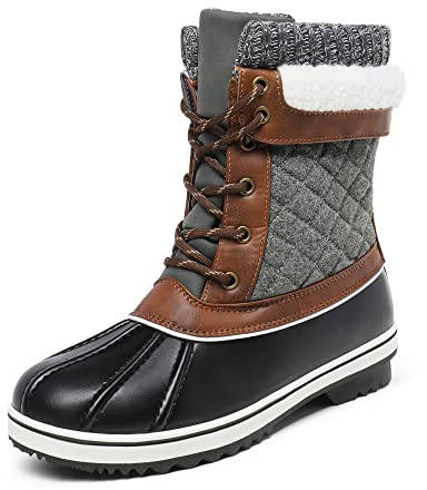 DREAM PAIRS Women's Snow Winter Boots Mid Calf Waterproof Duck Warm Outdoor Winter Boots Shoes,Size 10,Black/Grey,MONTE_01