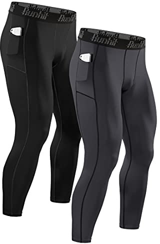 Runhit Mens Leggings Compression Pants for Men Tights with Pocket Running Pants for Men Workout Jogger Thermal Winter Base Layer Gray Black 2 Pack Medium