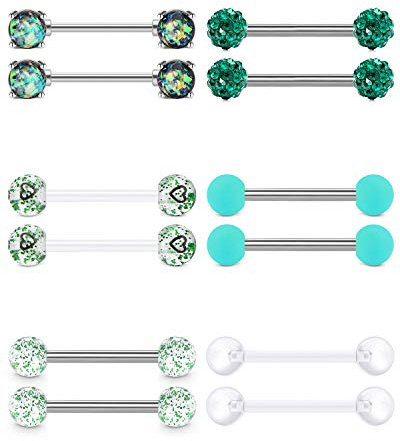 Rajnard 14G Piercing Lengua Piercing pezón Verde Acero quirúrgico y retenedores Flexibles acrílico para Mujeres Hombres 14 mm