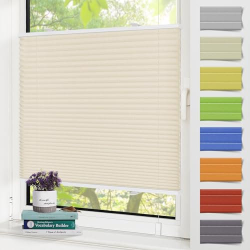 Zarnan Plissee Klemmfix Plisseerollo ohne Bohren Beige 35x100cm(BxH),Sonnenschutz Sichtschutz Rollos für Fenster & Tür,Faltrollo Fensterrollo mit Klemmfix-Halterungen