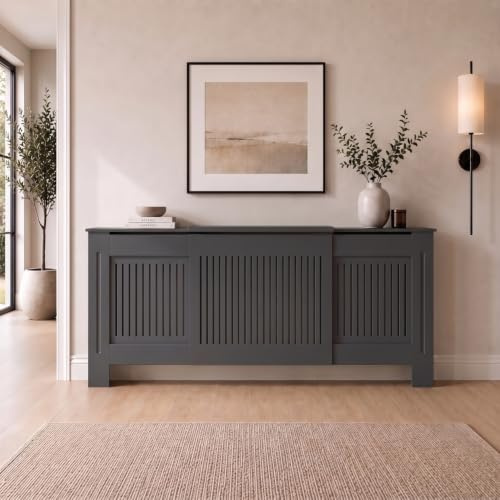 DuraTherm® Radiator Cover Anthracite Grey Painted Modern Vertical Slat Shelves MDF Cabinet Shelf for Radiators, Living Rooms, Bedrooms, Adjustable