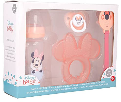 Stor Set 4 Pezzi Disney Minnie per bambini, senza BPA, con biberon, ciuccio, portaciuccio e massaggiagengive, lavabile e riutilizzabile