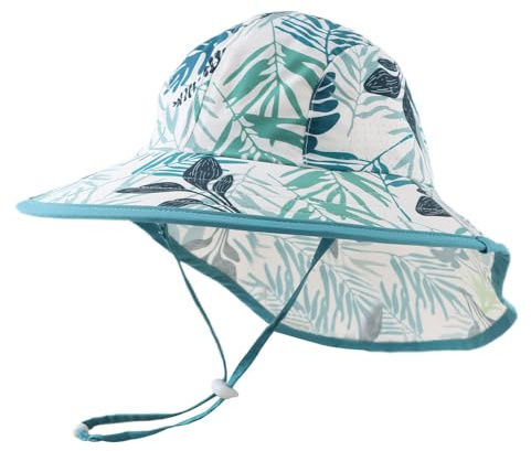 Pesaat Sombrero para el Sol para bebé niña con protección UV con protección para la Nuca Gorro de Verano para niños Paraíso de Playa Large（Hojas Tropicales,4-8 años）