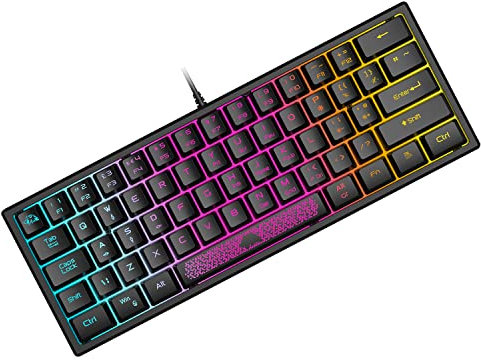 Tastiera da Gioco Portatile Cablata al 60%, Retroilluminata 7 RGB, Layout QWERTY Tastiera a Membrana con Sensazione Meccanica con 19 Tasti Anti-ghosting Mini Compact 62 Tasti, per PC Mac/Nero