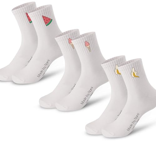 Made by Nami [VERBESSERT Retro Tennis-Socken 3-er Set - Weiße Unisex Sport-Socken mit Print - 3 Paar Atmungsaktive Crew Socks Baumwoll-Socken