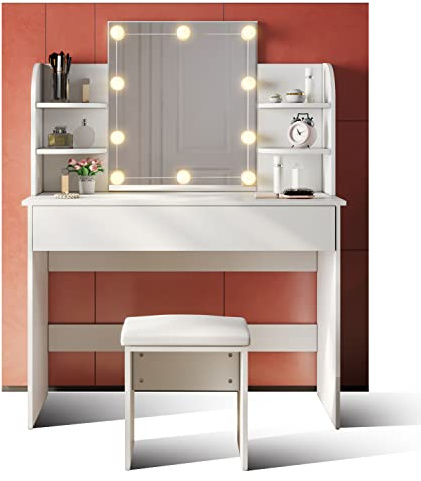SONNI Toeletta Trucco con Luci, Tavolo da Trucco con Specchio e Sgabello,con Lampadine Luce a 3 Toni Luminosità Regolabile LED 108x40x140cm Bianco