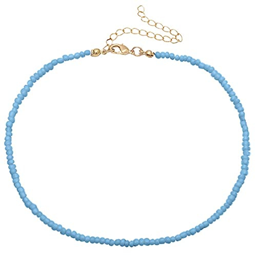 Happyyami Blaue Perlenkette mit 35, 8cm Länge, Einreihig, Verstellbar | Metall, Boho Sommer Design, Party und Girls Night, für Damen und Frauen