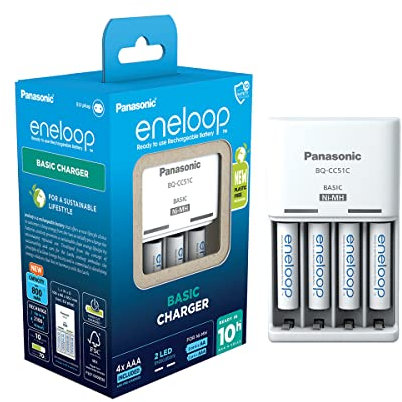 Eneloop Basic caricabatterie, per 2 o 4 batterie ricaricabili AA/AAA, 10 ore tempo di ricarica, 6 funzioni di sicurezza, 4 batterie Eneloop AAA (800 mAh) incluse