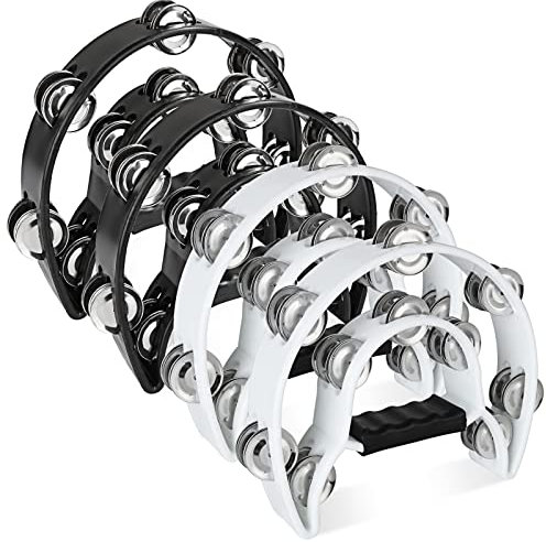 4 Stück Halbmond-Hand-Tamburin 22,9 cm zweireihige Metallschellen, Tamburine für Erwachsene, Kirche, Kunststoff-Musikinstrument, Percussion-Handtamburin für Kirche, KTV-Party, (schwarz, weiß)
