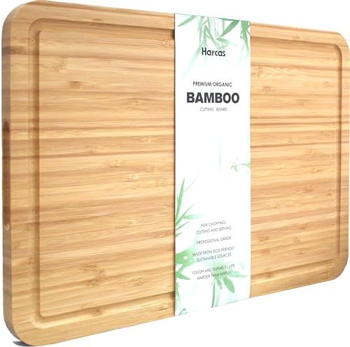 Premium Organic Bamboo Wooden Chopping Board by Harcas. Extra Large Size Cutting Board 45cm x 30cm x 2cm. Best for Meat, Vegetables, Tapas and Cheese. Drip Groove (Side Press Bamboo)