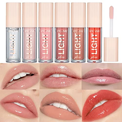 6 Pcs Lip Gloss Set Light Hydratant Lip Glow Oil Long Lasting Waterproof Liquid Lipstick Crystal Jelly Lip Tinted for Girls and Women (Set A)