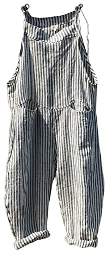 CHARTOU Women Oversized Summer Casual Stripes Cargo Jumpsuit Wide Leg Bib Overall Striped Linen Pants Dungarees Pocket (Large,Grey stripe)